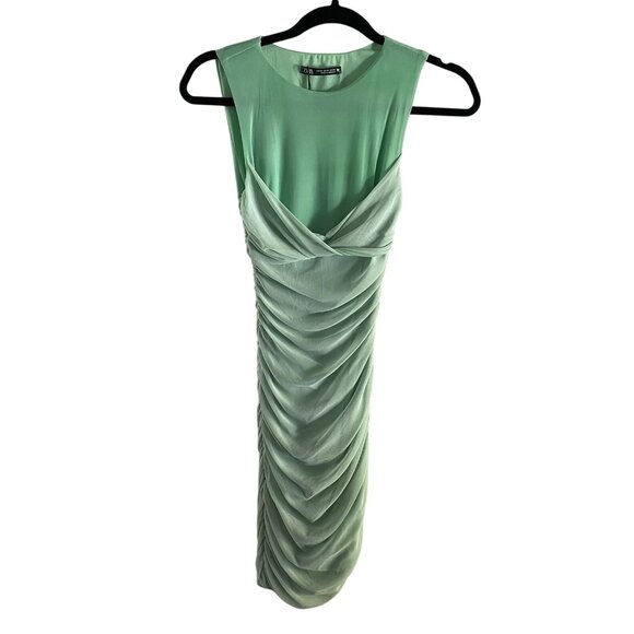 Zara Women XS Green Mesh Tulle Ruched Y2K Crew Neck Sleeveless Mini Dress - Picture 5 of 12